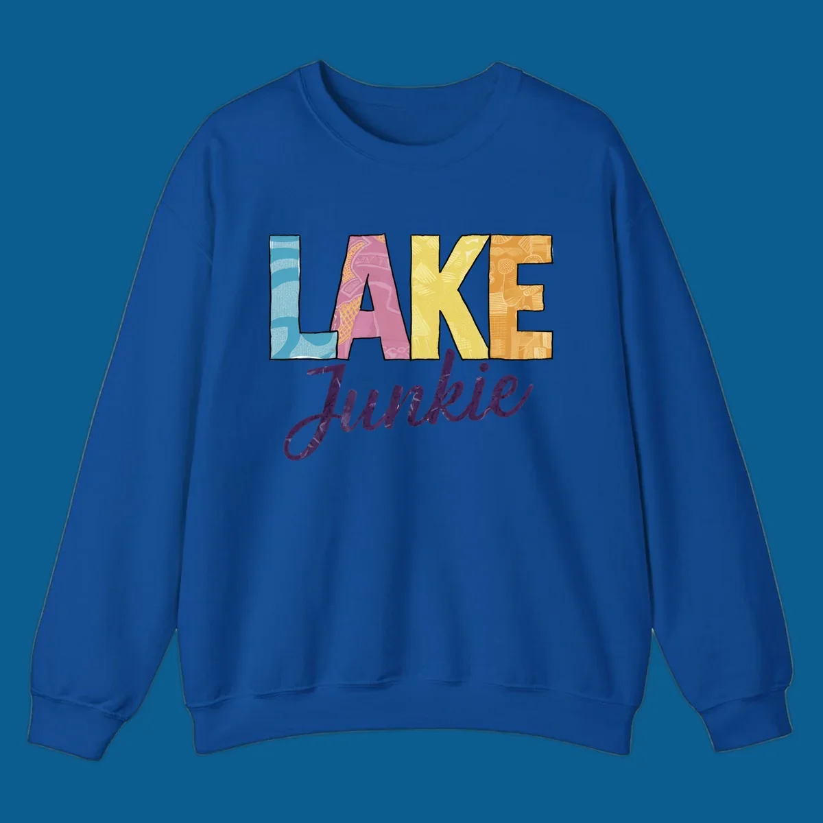 Lake Junkie typography design with colorful patterned letters and purple script text.