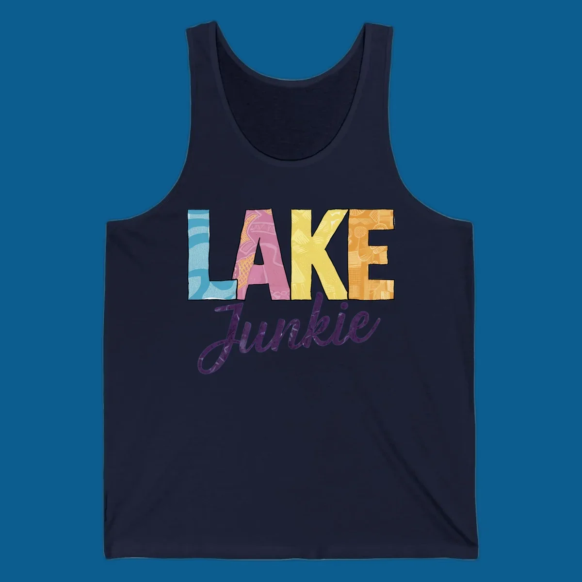 Lake Junkie typography design with colorful patterned letters and purple script text.