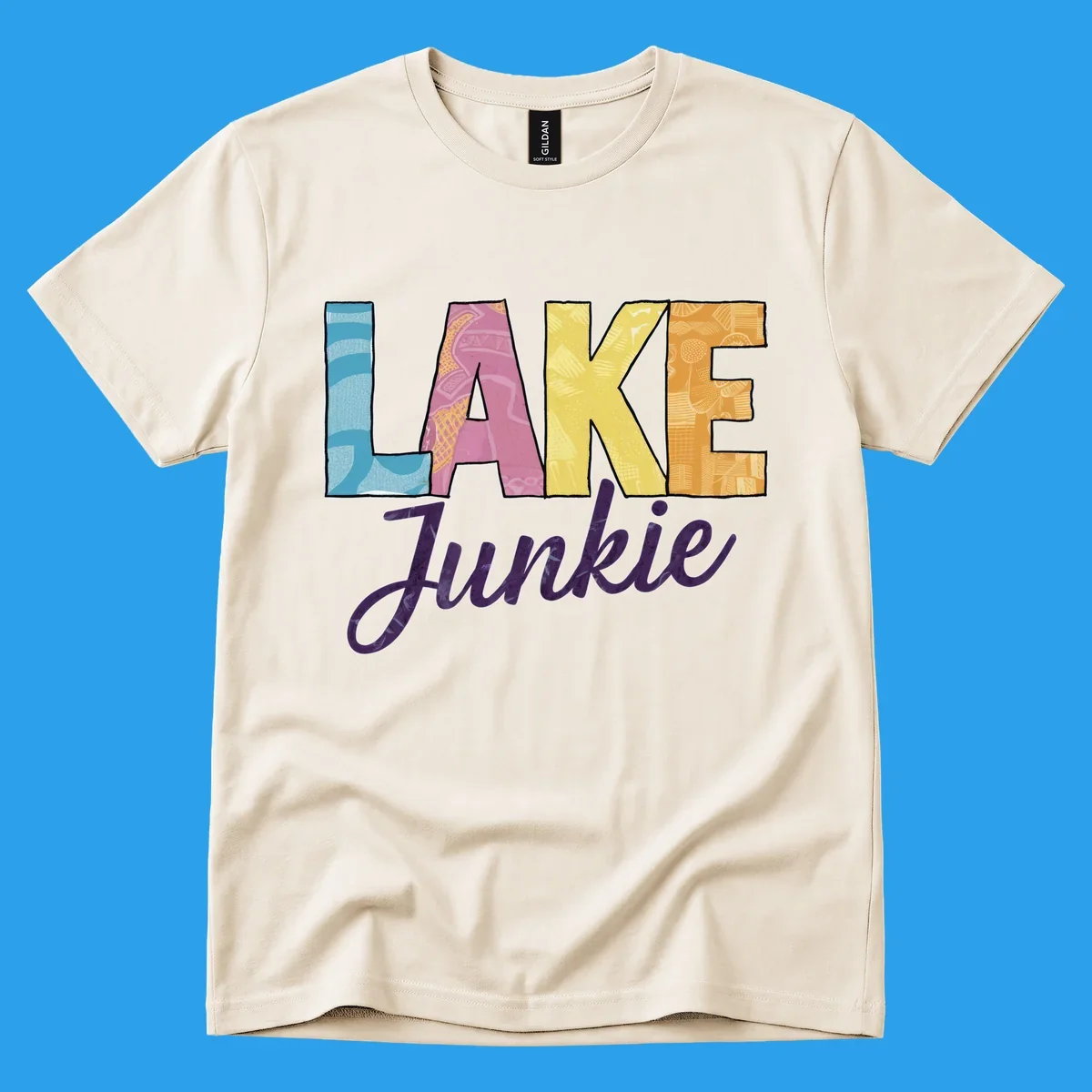 Lake Junkie typography design with colorful patterned letters and purple script text.