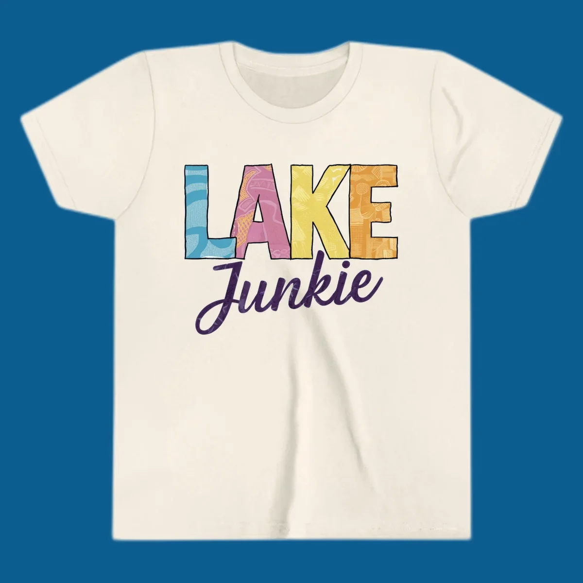 Lake Junkie typography design with colorful patterned letters and purple script text.
