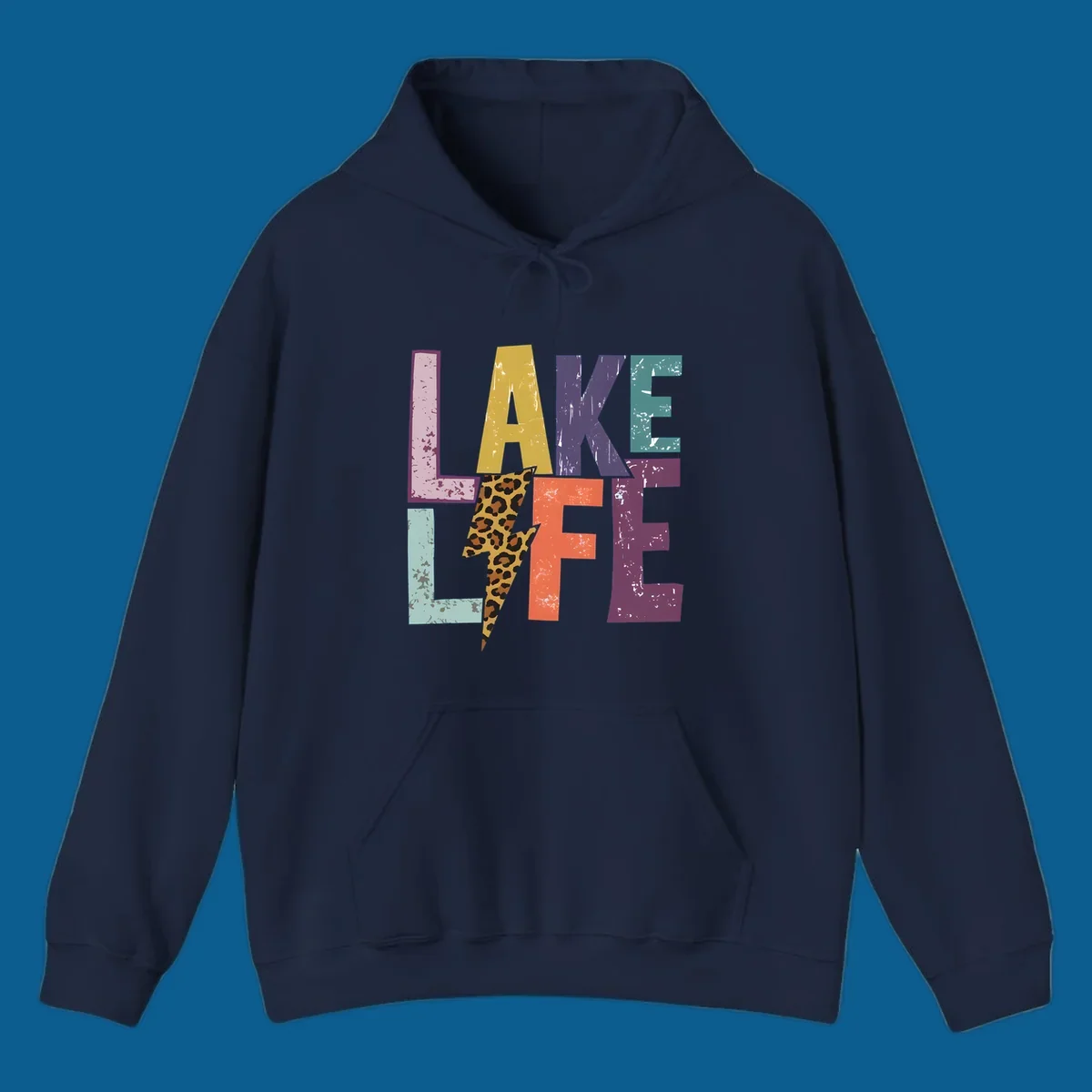 Distressed letters spelling LAKE LIFE with a leopard print lightning bolt, lake-life-style.