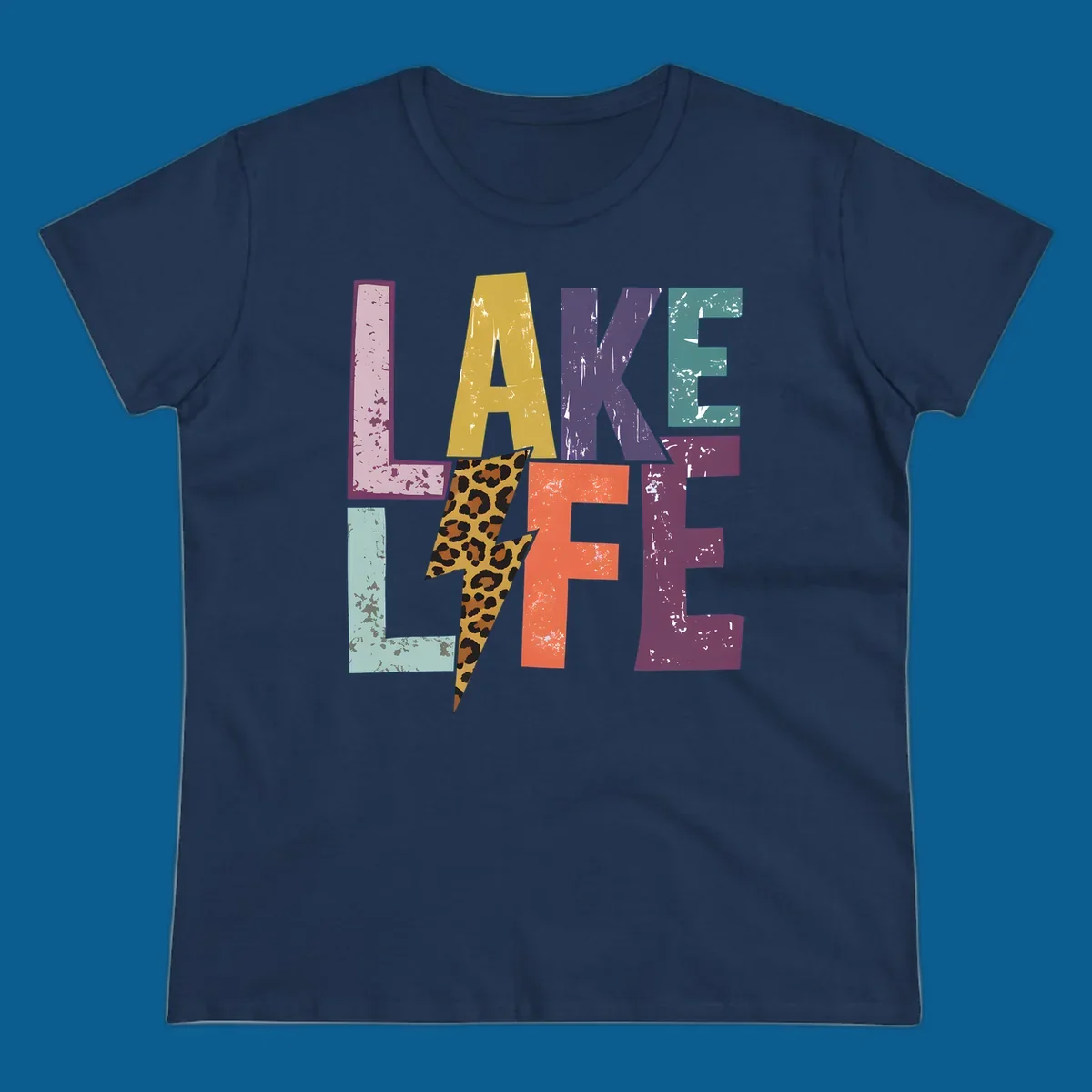 Distressed letters spelling LAKE LIFE with a leopard print lightning bolt, lake-life-style.