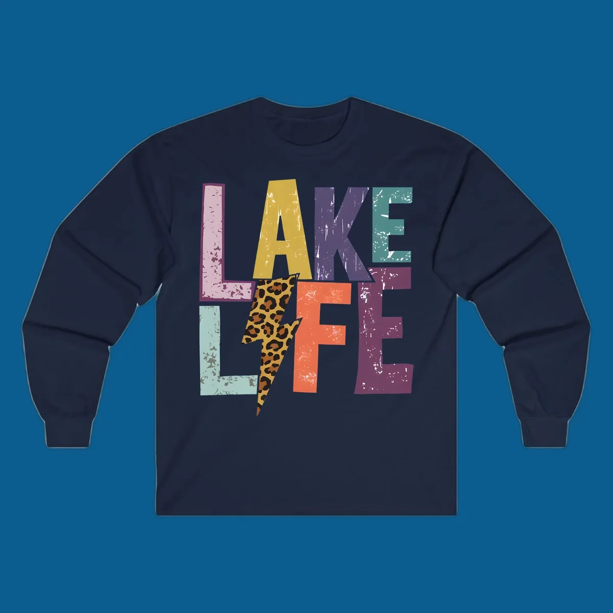 Distressed letters spelling LAKE LIFE with a leopard print lightning bolt, lake-life-style.