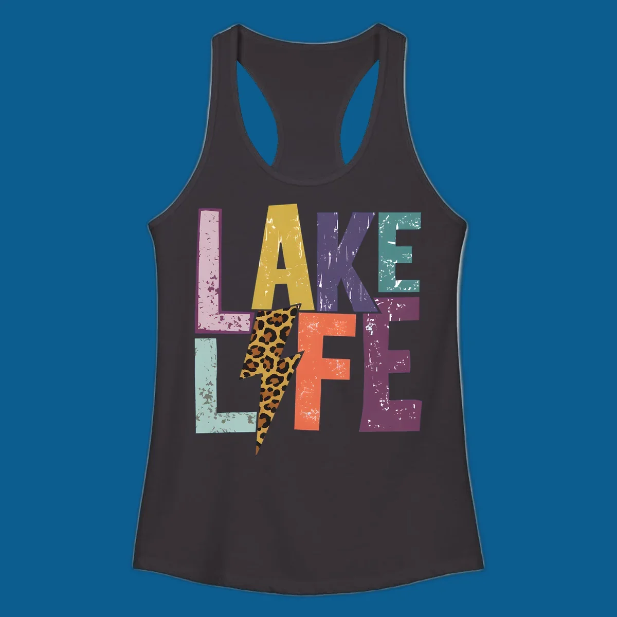 Distressed letters spelling LAKE LIFE with a leopard print lightning bolt, lake-life-style.