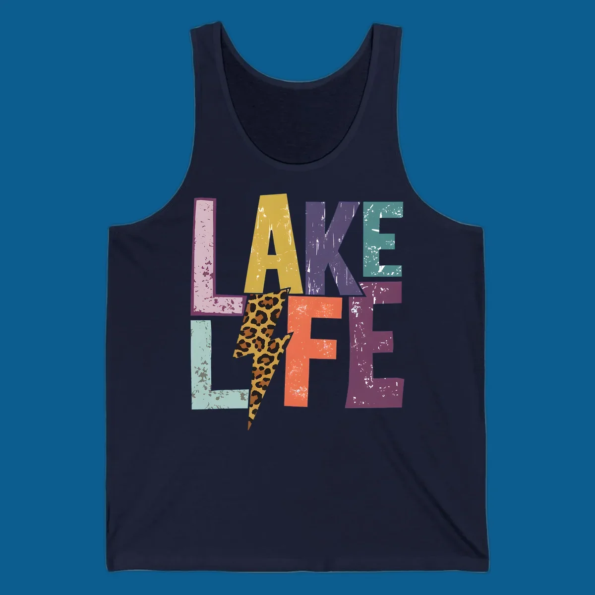 Distressed letters spelling LAKE LIFE with a leopard print lightning bolt, lake-life-style.