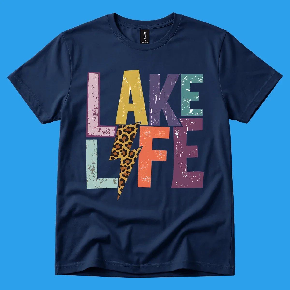 Distressed letters spelling LAKE LIFE with a leopard print lightning bolt, lake-life-style.