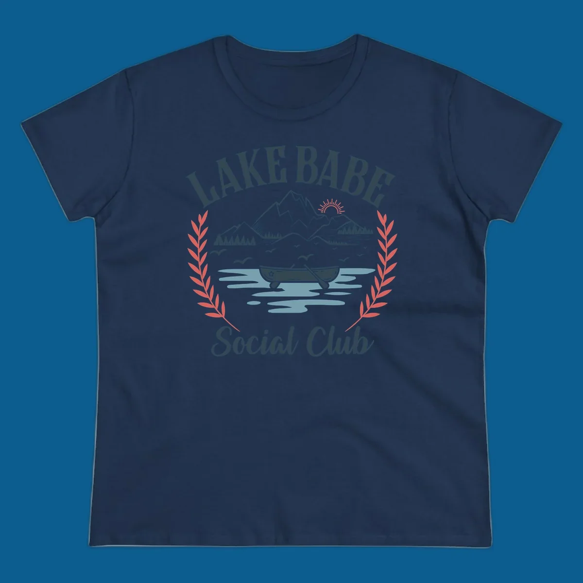Lake Babe Social Club illustration with mountains, canoe, sun, and birds.