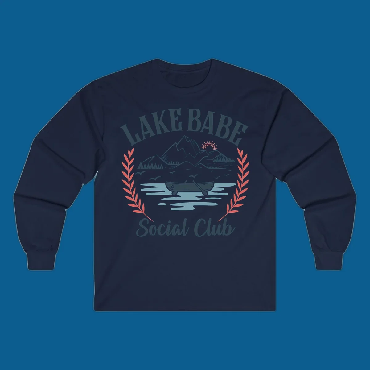 Lake Babe Social Club illustration with mountains, canoe, sun, and birds.
