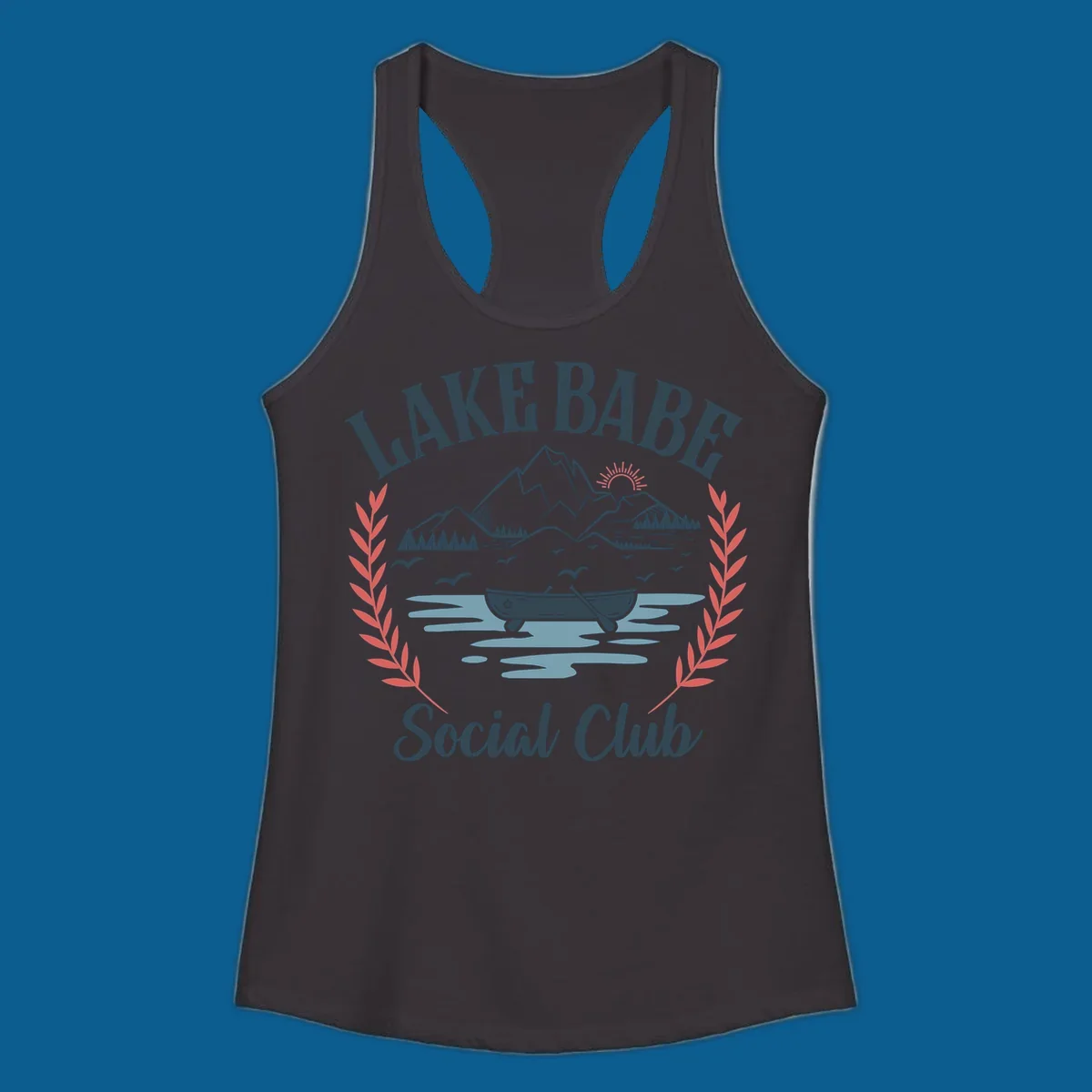 Lake Babe Social Club illustration with mountains, canoe, sun, and birds.