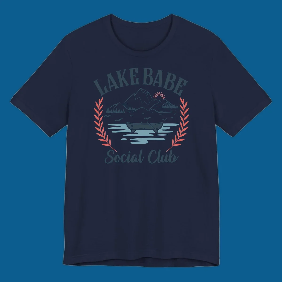 Lake Babe Social Club illustration with mountains, canoe, sun, and birds.