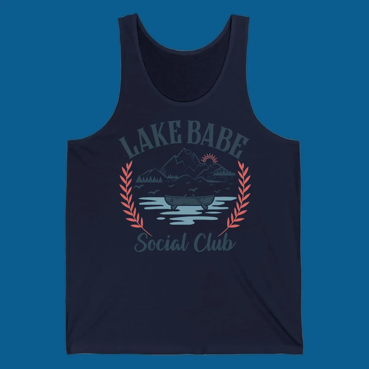Lake Babe Social Club illustration with mountains, canoe, sun, and birds.