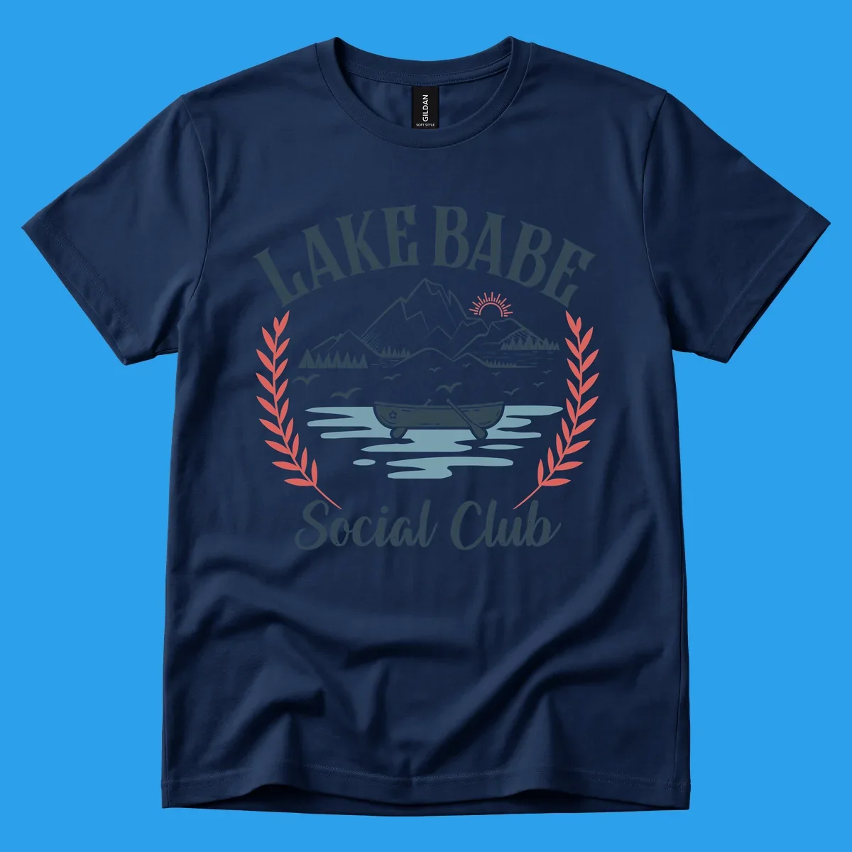 Lake Babe Social Club illustration with mountains, canoe, sun, and birds.