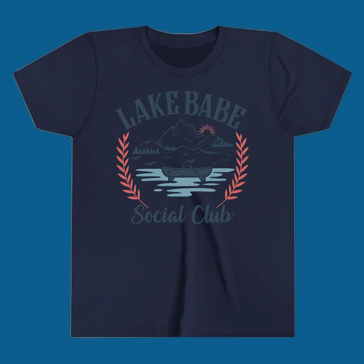 Lake Babe Social Club illustration with mountains, canoe, sun, and birds.