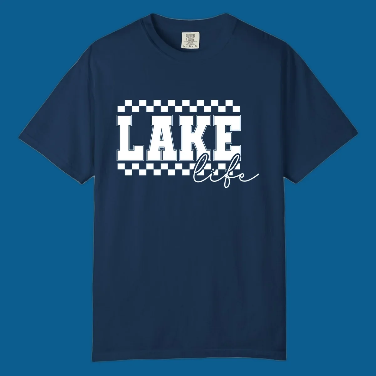 Lake life varsity text design with checkerboard patterns.