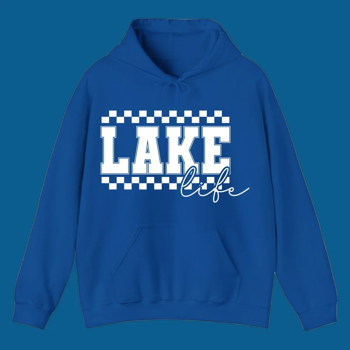 Lake life varsity text design with checkerboard patterns.