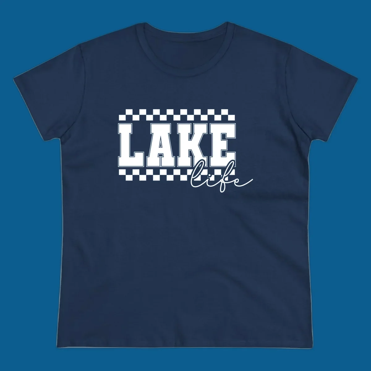 Lake life varsity text design with checkerboard patterns.