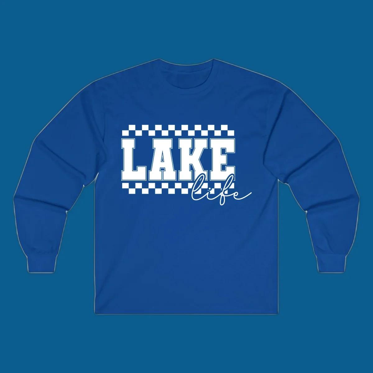 Lake life varsity text design with checkerboard patterns.
