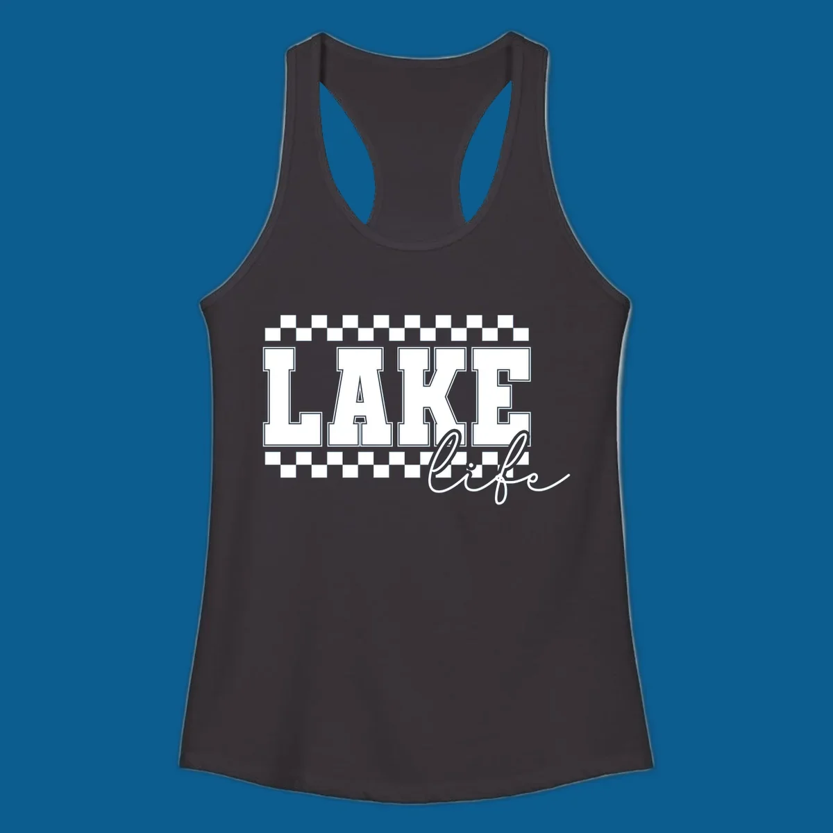 Lake life varsity text design with checkerboard patterns.