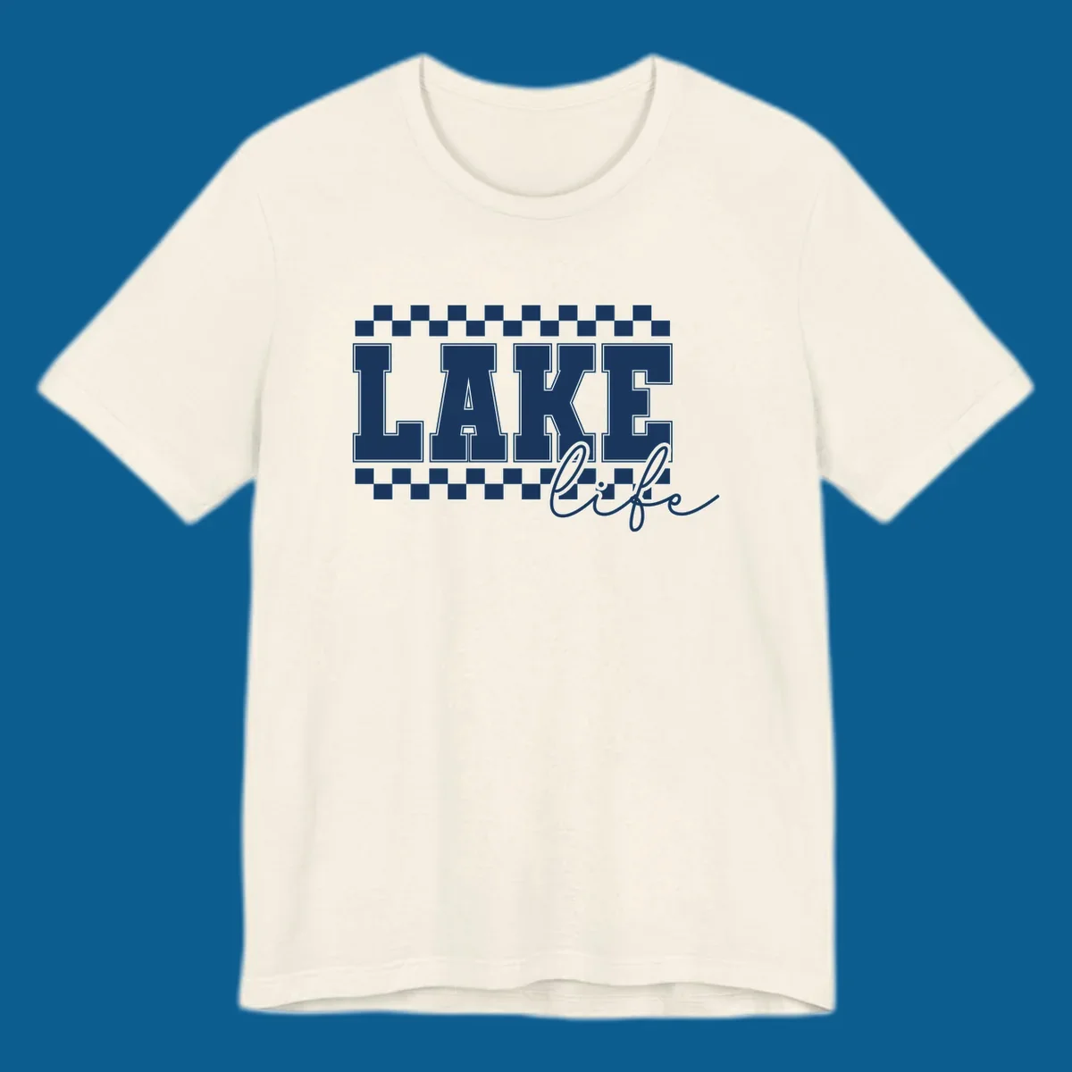 Lake life varsity text design with checkerboard patterns.