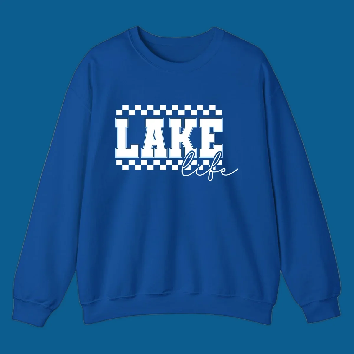 Lake life varsity text design with checkerboard patterns.