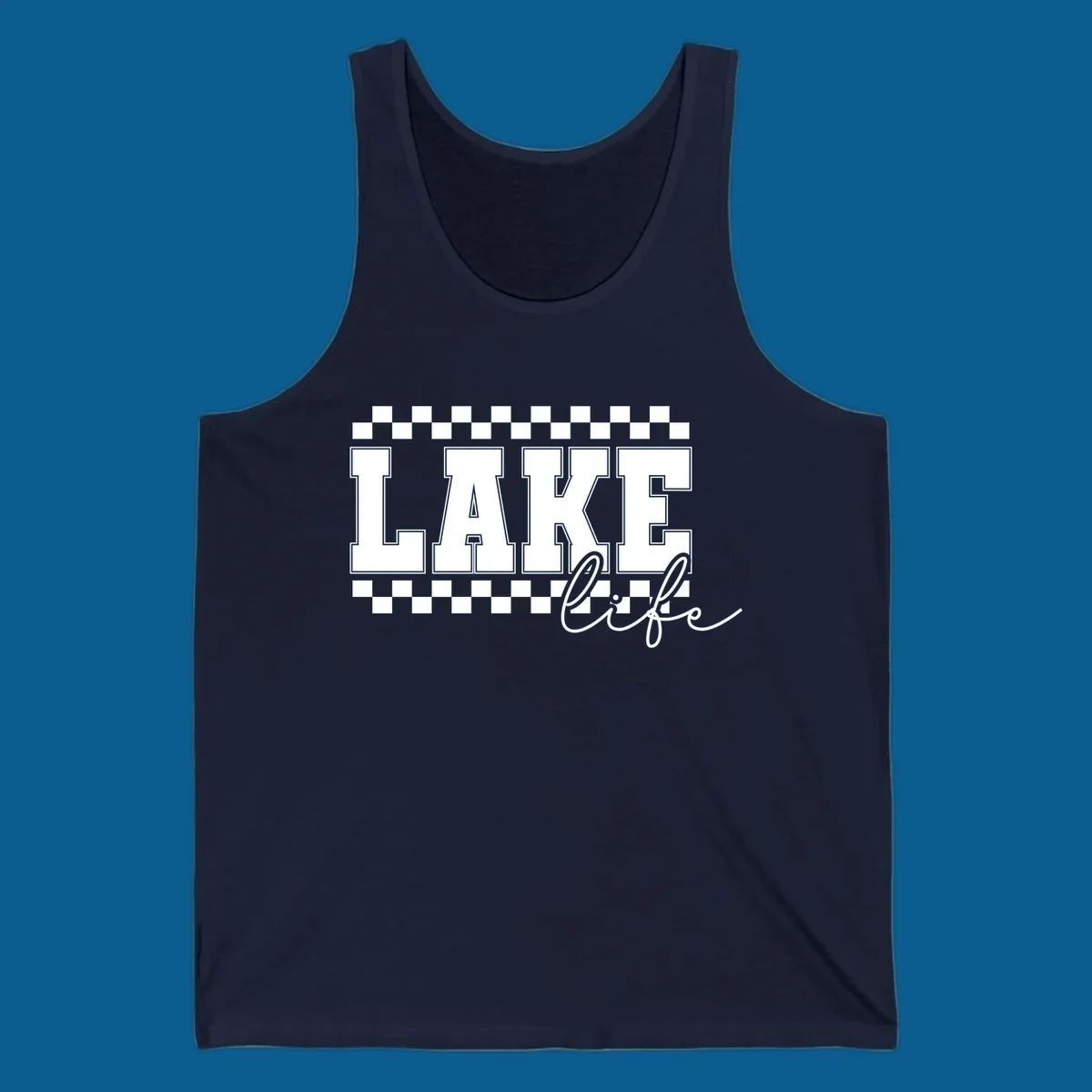 Lake life varsity text design with checkerboard patterns.