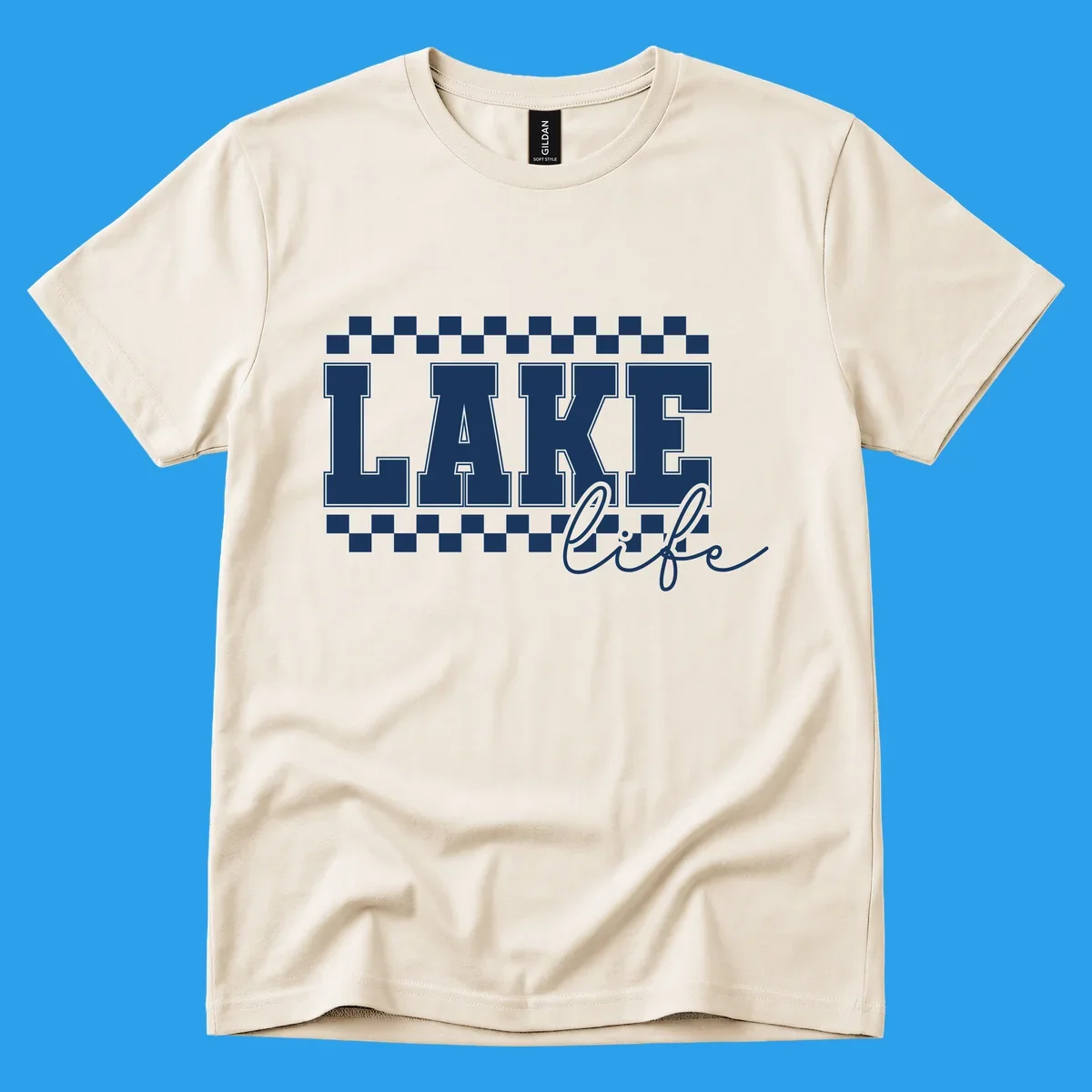 Lake life varsity text design with checkerboard patterns.