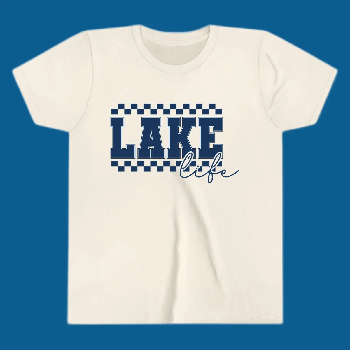 Lake life varsity text design with checkerboard patterns.