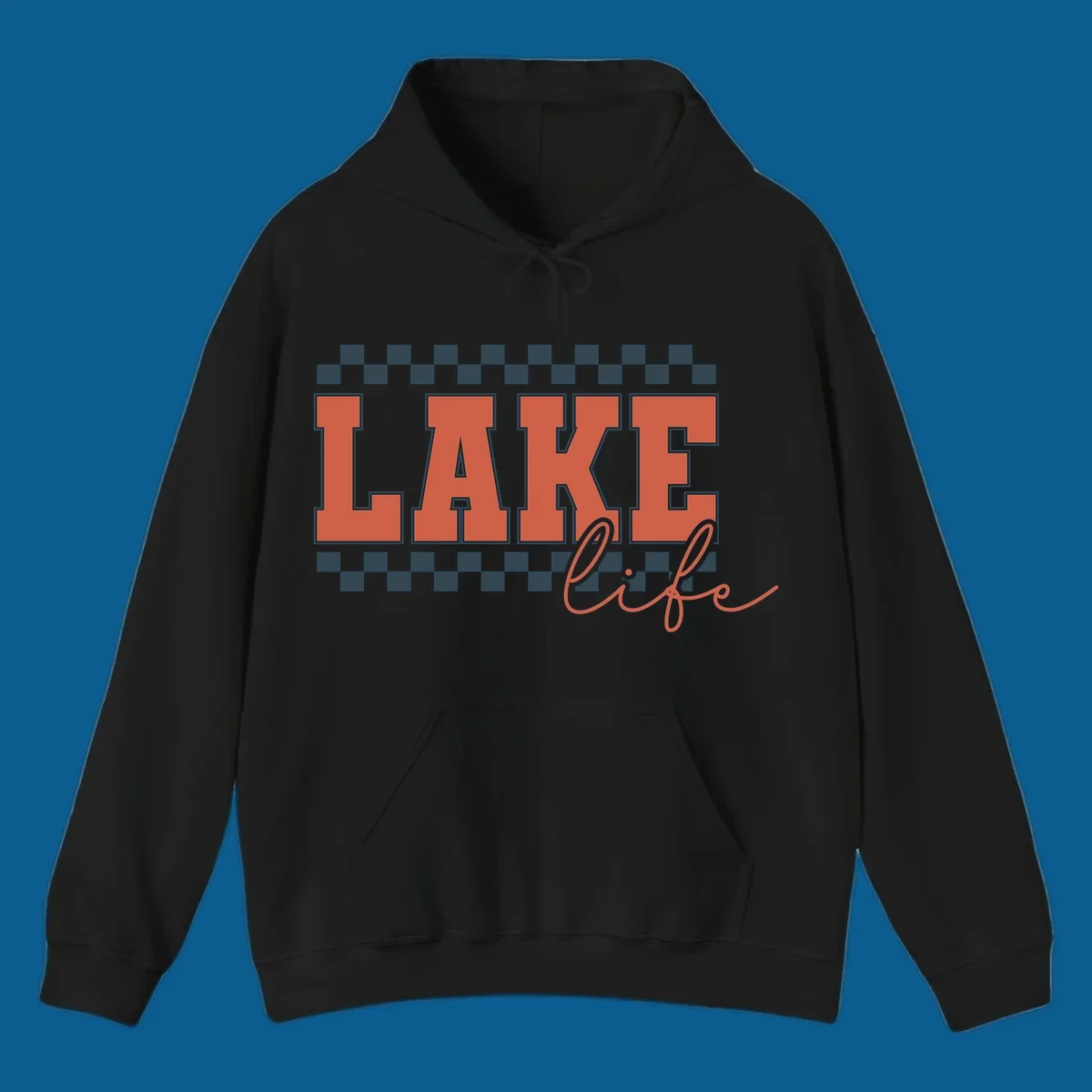 Coral block letters spelling LAKE with script "life" below, bordered by checkerboard. Lake life style.
