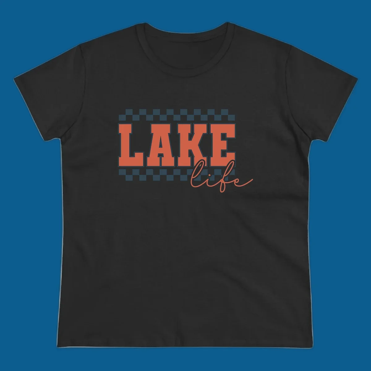 Coral block letters spelling LAKE with script "life" below, bordered by checkerboard. Lake life style.