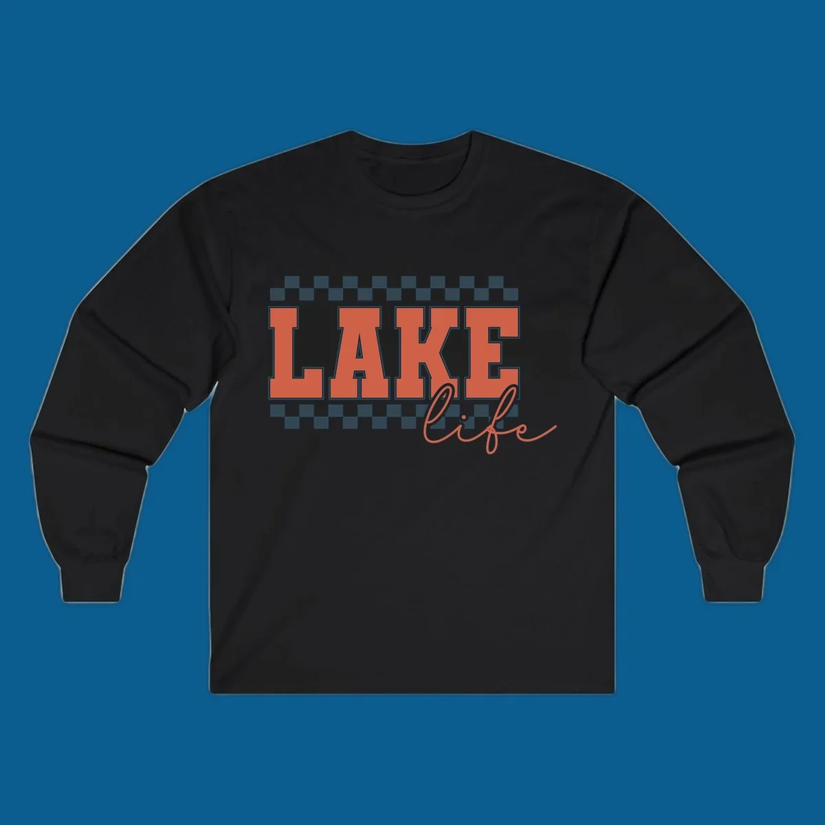 Coral block letters spelling LAKE with script "life" below, bordered by checkerboard. Lake life style.