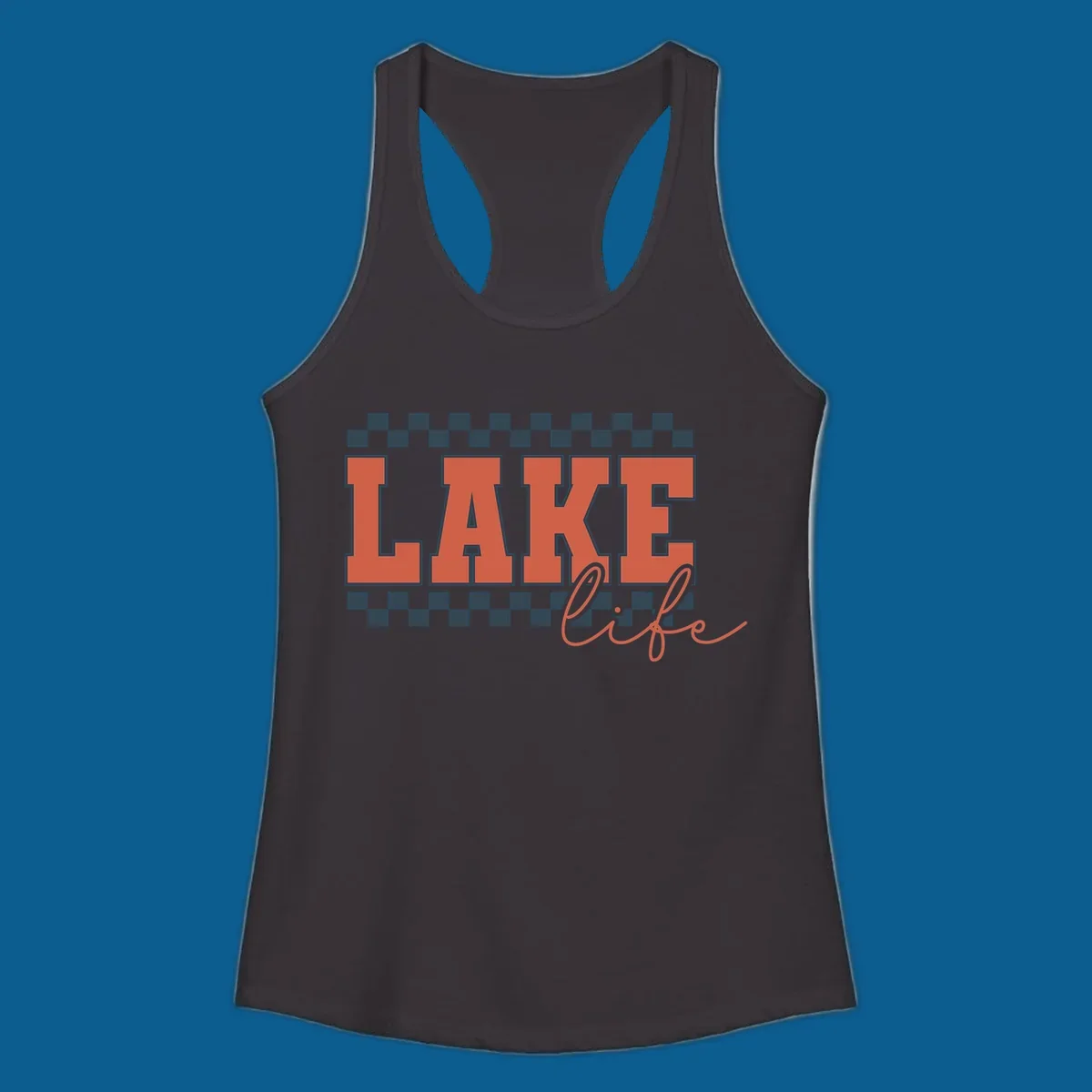 Coral block letters spelling LAKE with script "life" below, bordered by checkerboard. Lake life style.