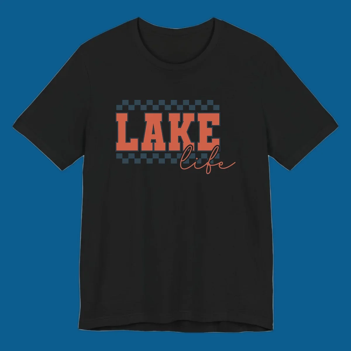 Coral block letters spelling LAKE with script "life" below, bordered by checkerboard. Lake life style.