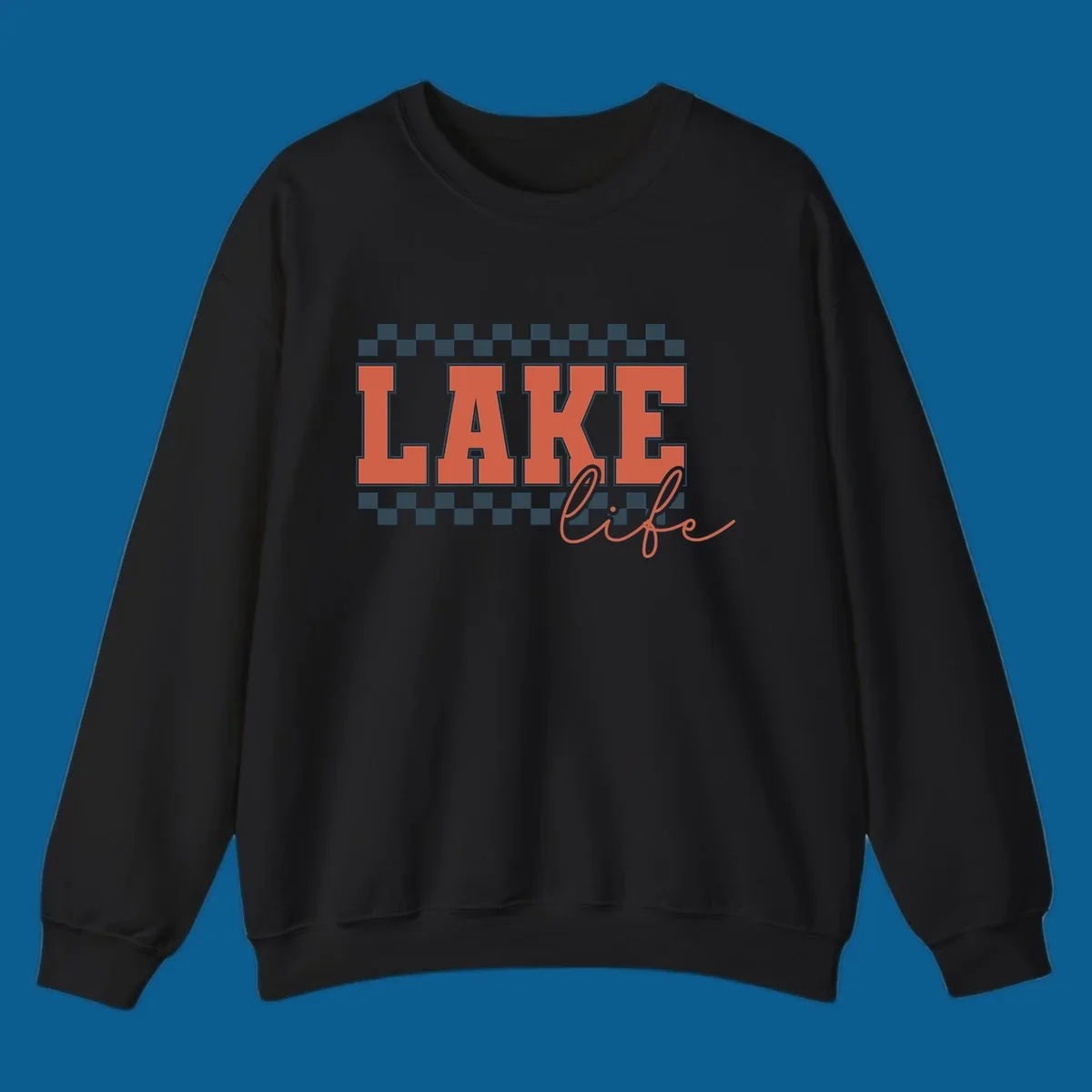 Coral block letters spelling LAKE with script "life" below, bordered by checkerboard. Lake life style.