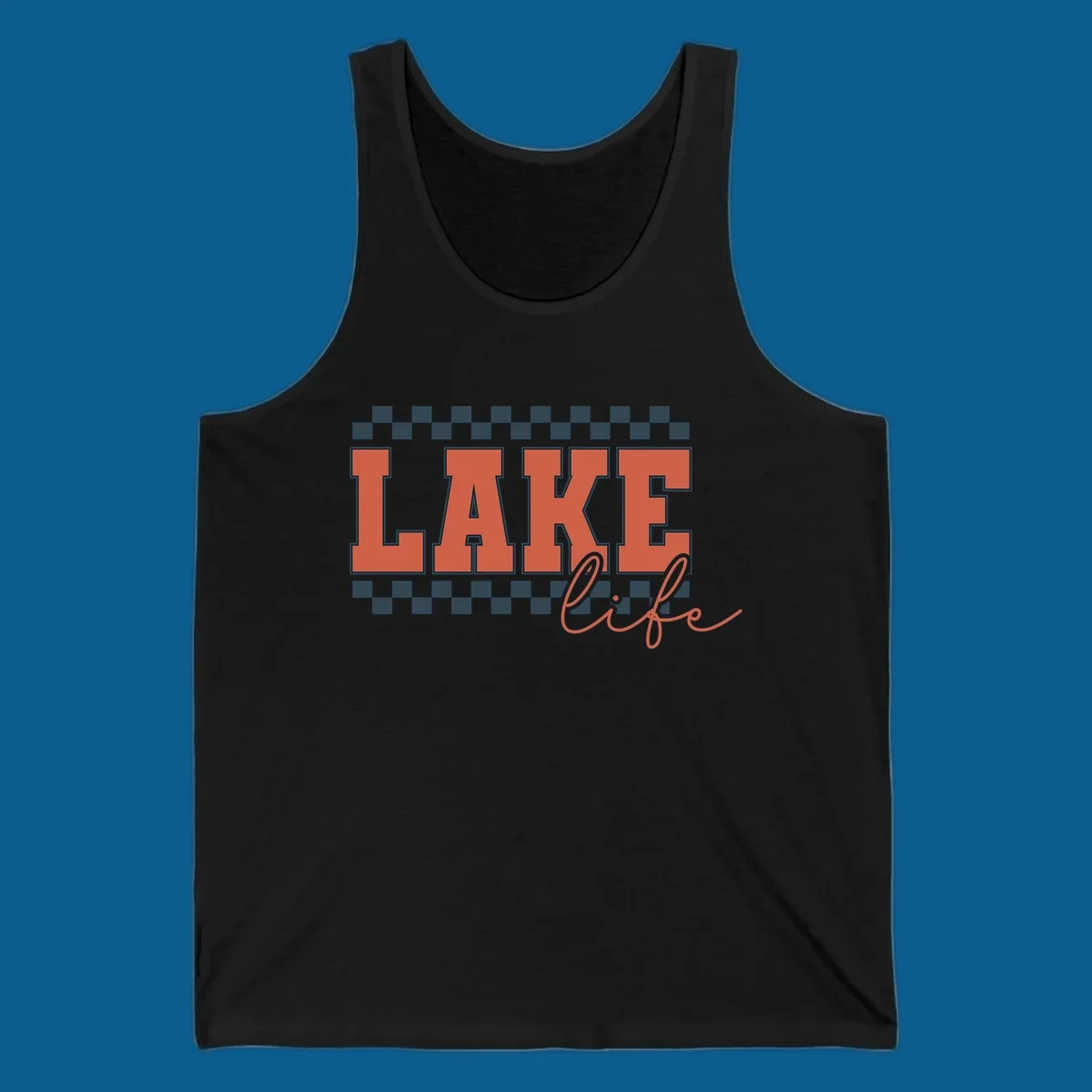 Coral block letters spelling LAKE with script "life" below, bordered by checkerboard. Lake life style.
