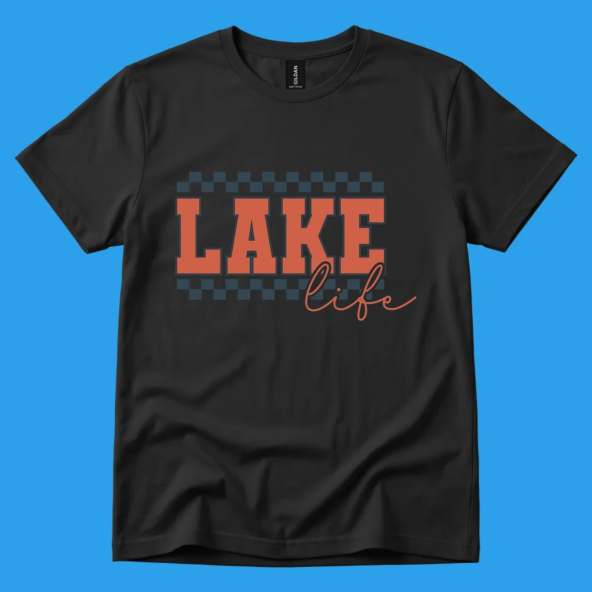 Coral block letters spelling LAKE with script "life" below, bordered by checkerboard. Lake life style.