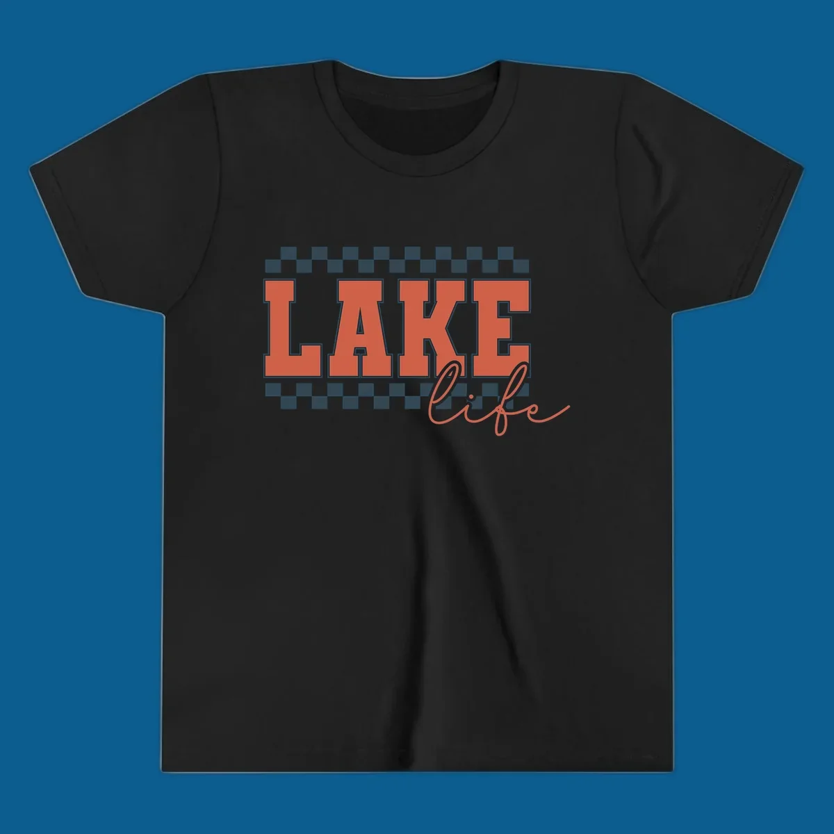 Coral block letters spelling LAKE with script "life" below, bordered by checkerboard. Lake life style.