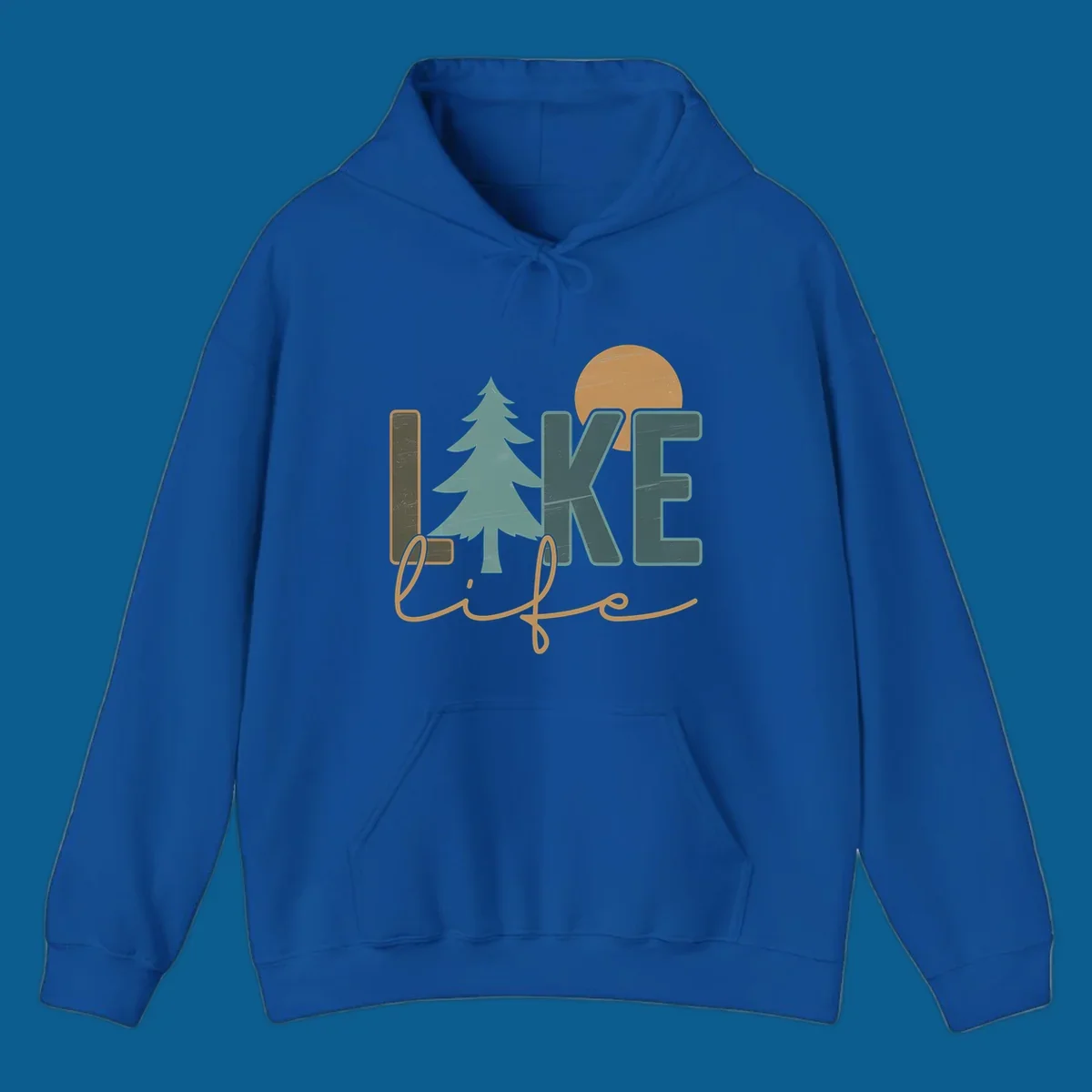 Retro lake life design with text, pine tree, and sun.