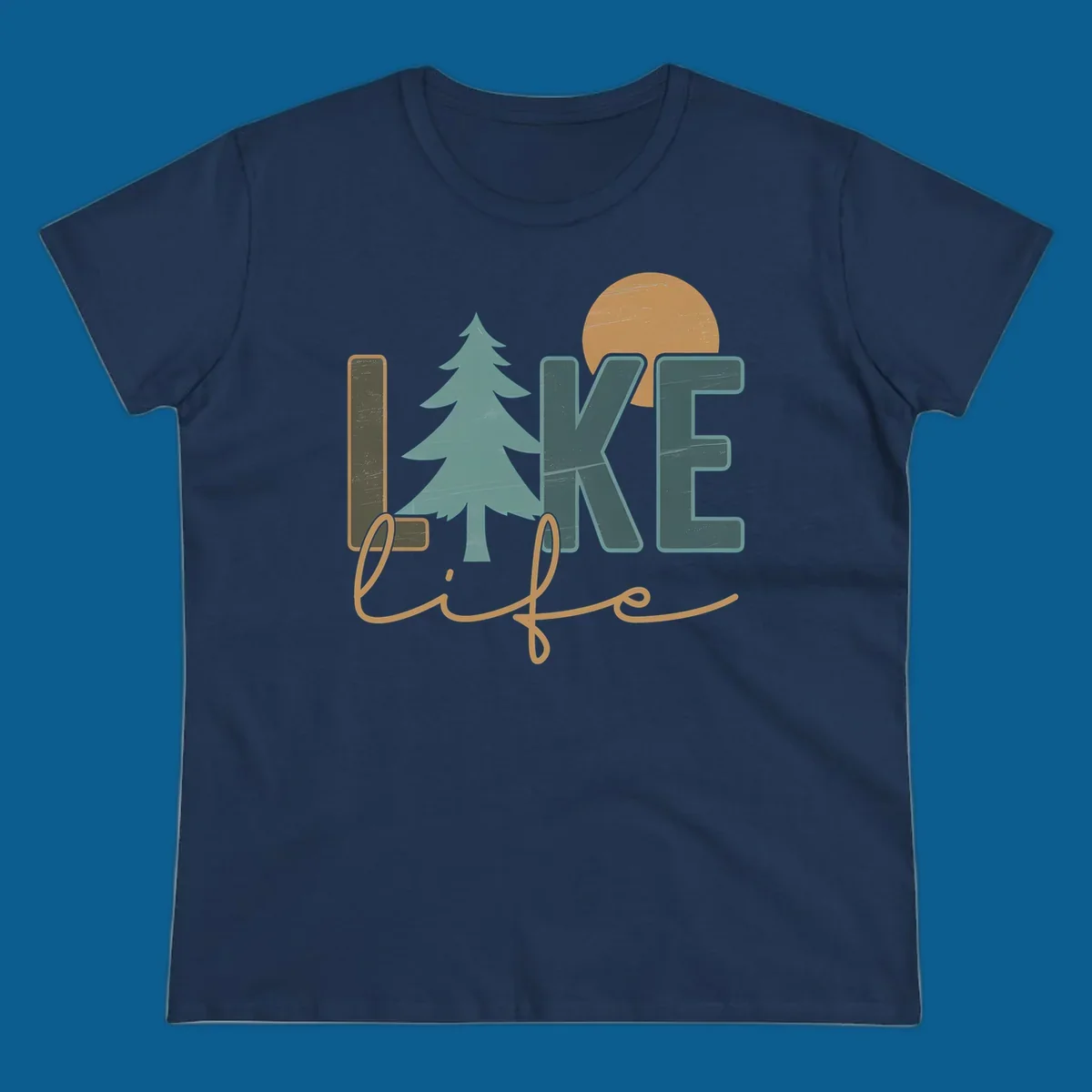 Retro lake life design with text, pine tree, and sun.