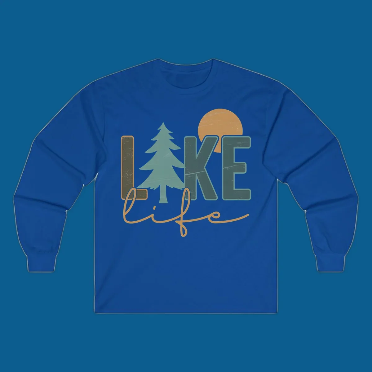 Retro lake life design with text, pine tree, and sun.