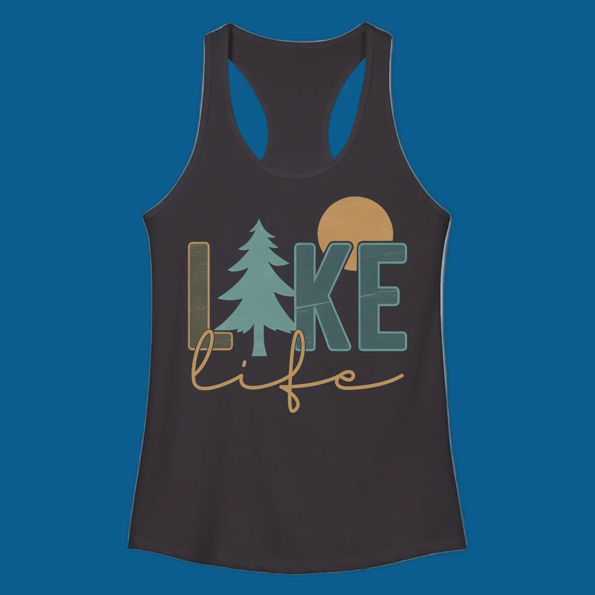 Retro lake life design with text, pine tree, and sun.