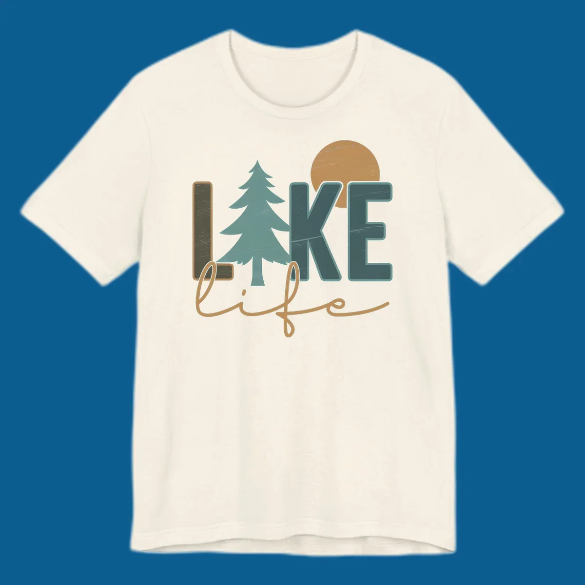 Retro lake life design with text, pine tree, and sun.