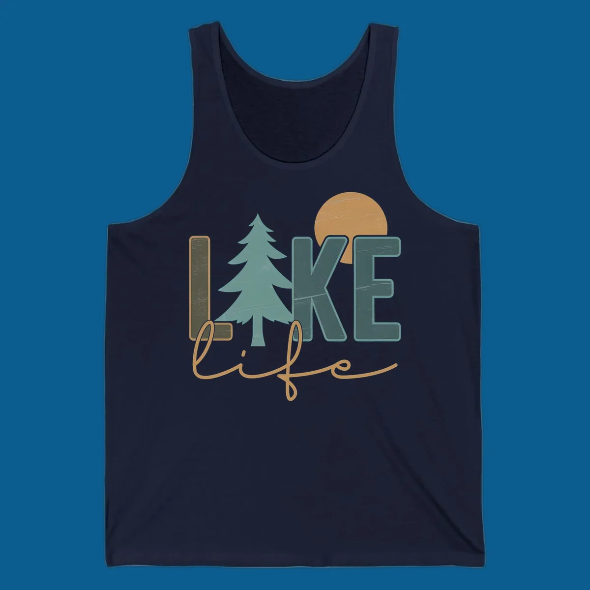 Retro lake life design with text, pine tree, and sun.