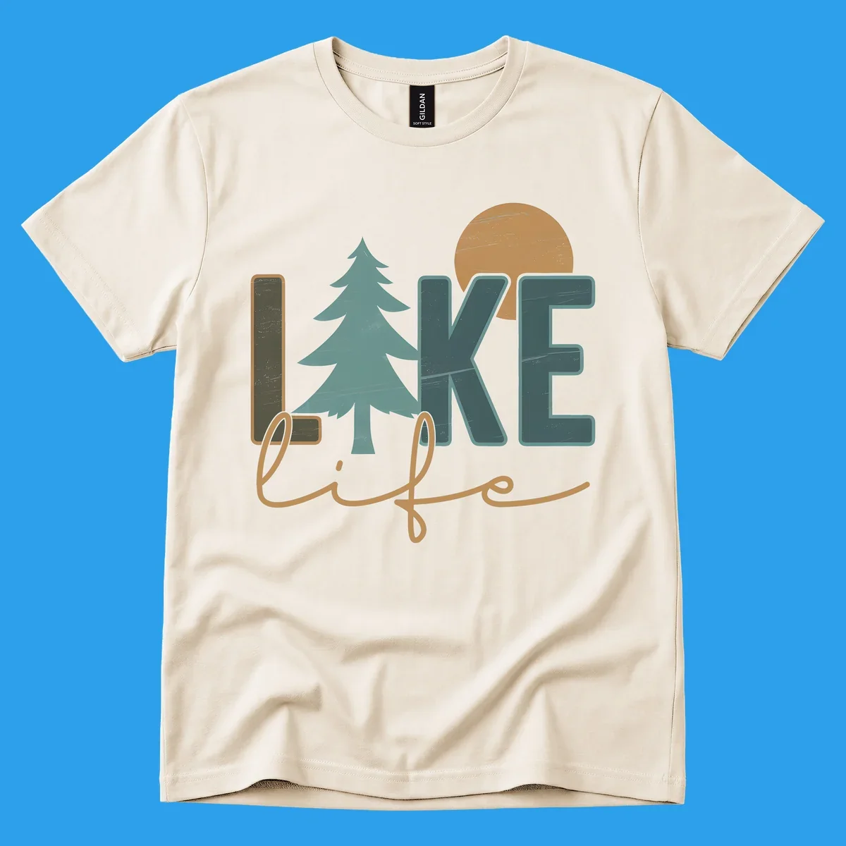 Retro lake life design with text, pine tree, and sun.