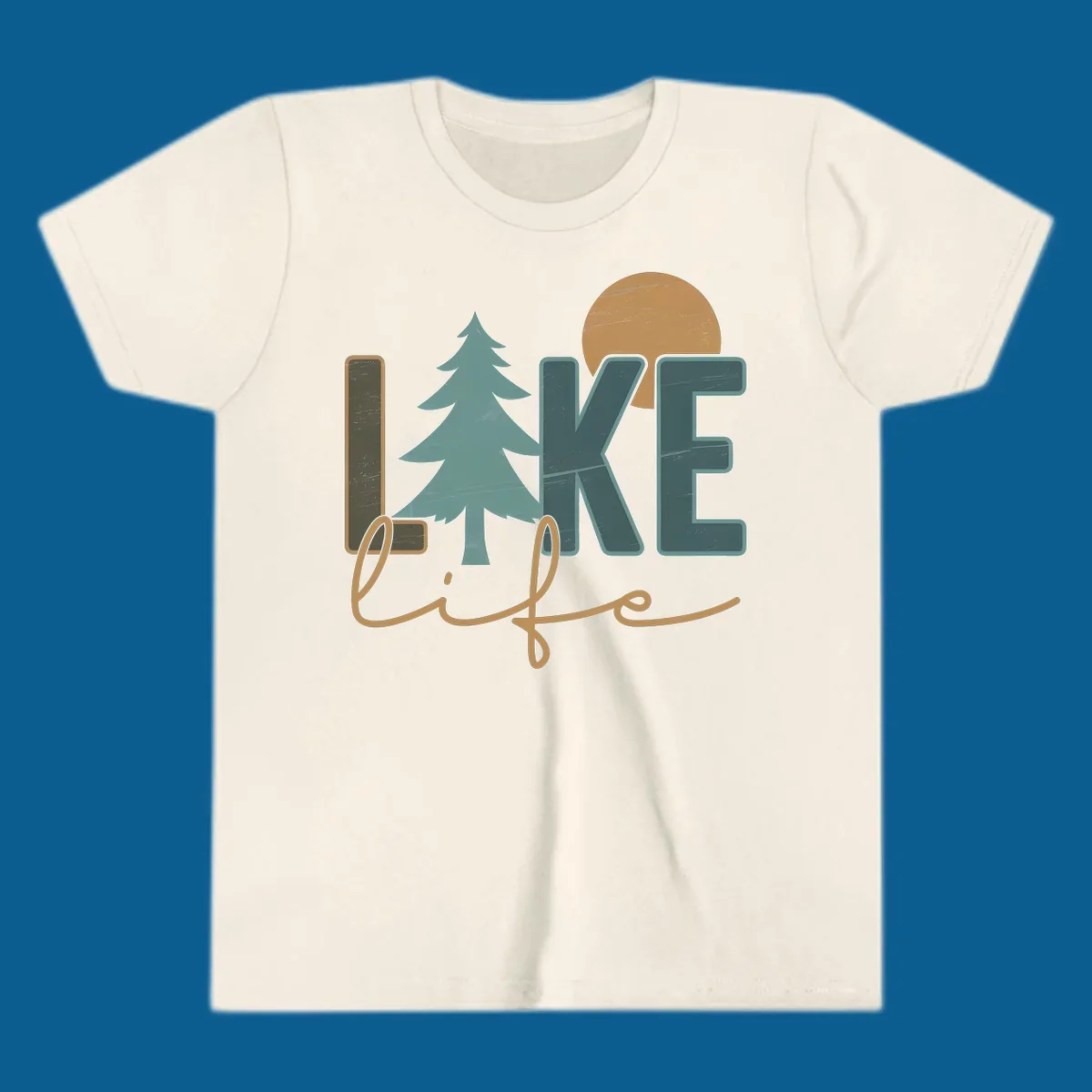 Retro lake life design with text, pine tree, and sun.