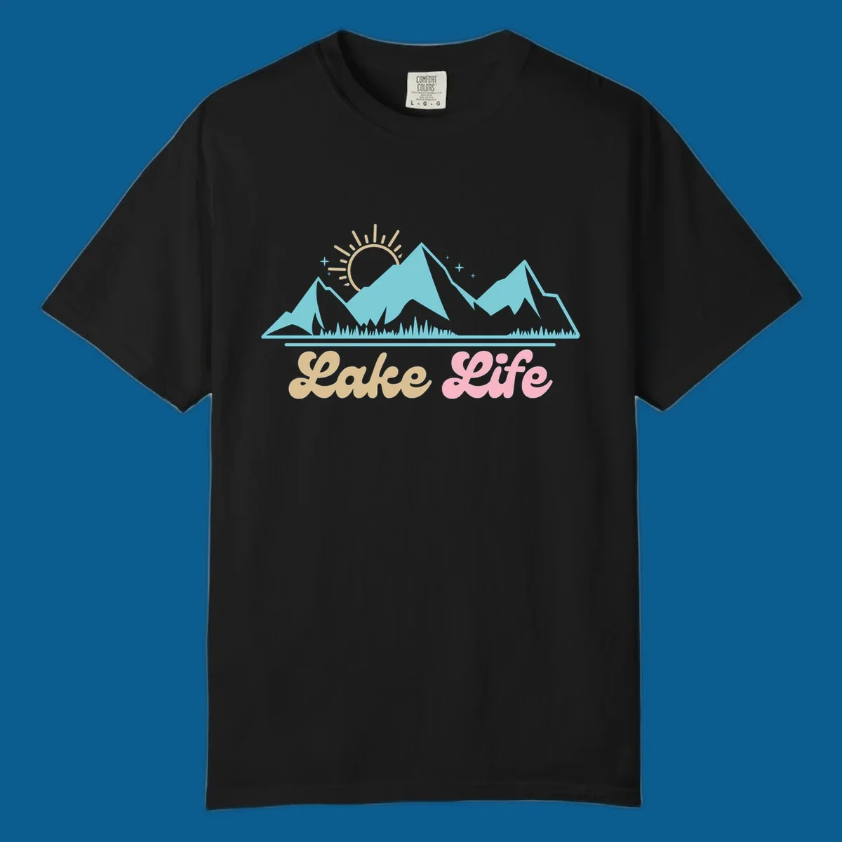 Lake Life mountains sunset illustration with text.