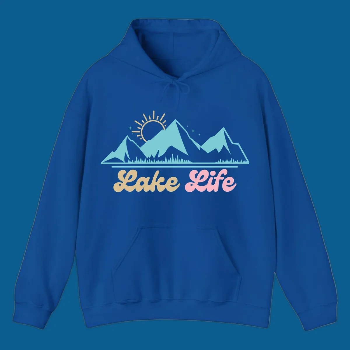 Lake Life mountains sunset illustration with text.