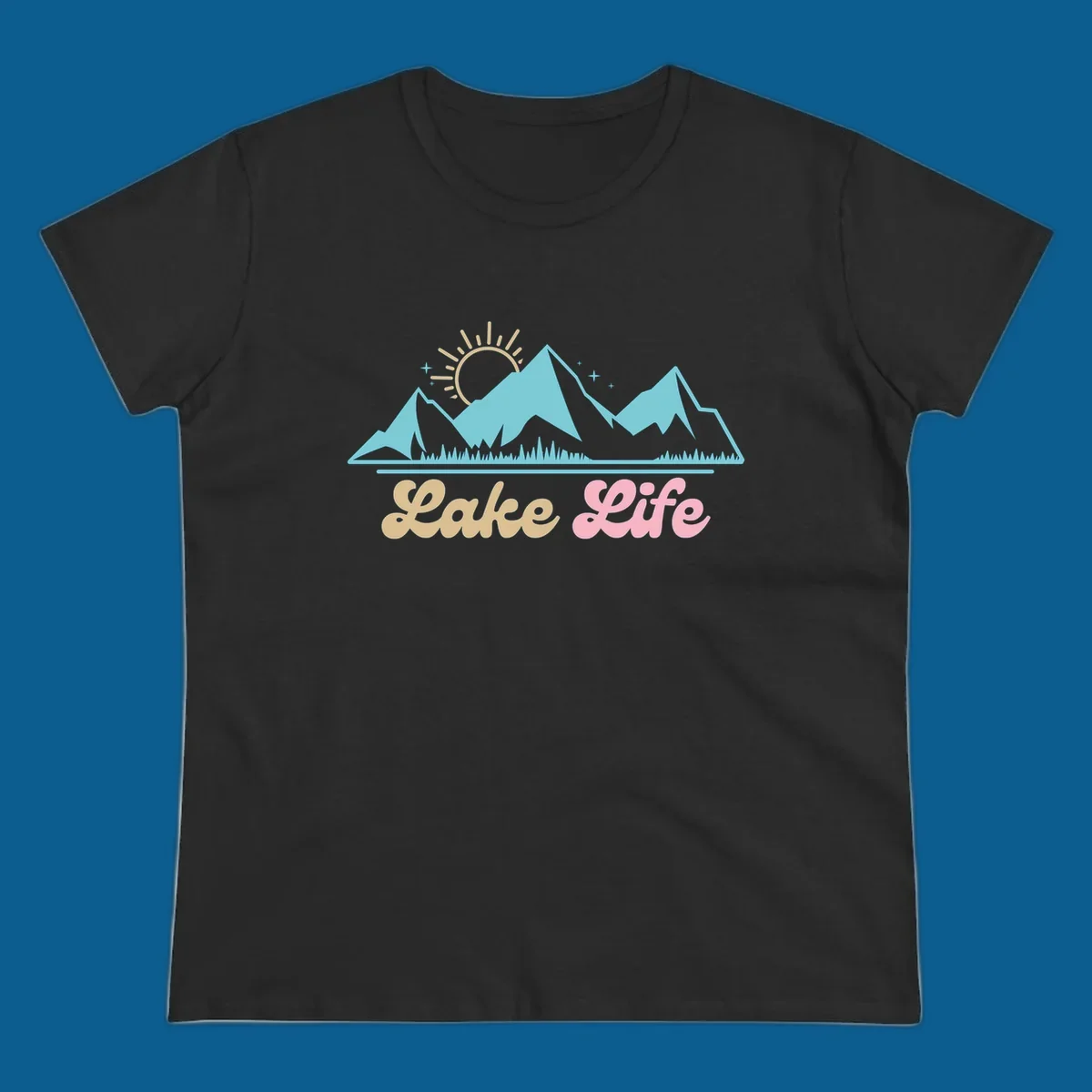 Lake Life mountains sunset illustration with text.