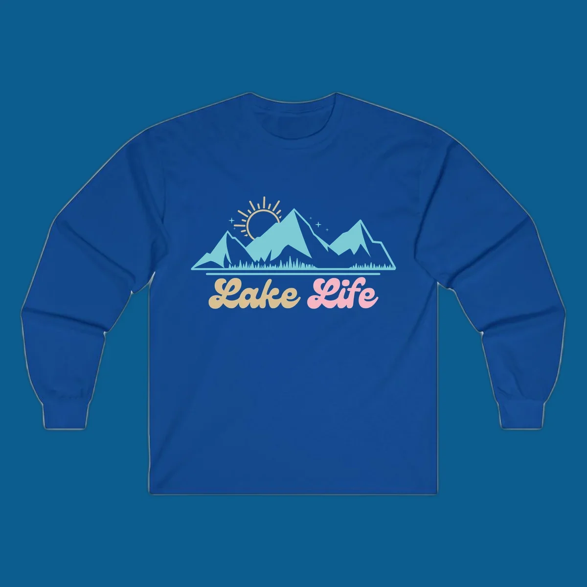 Lake Life mountains sunset illustration with text.