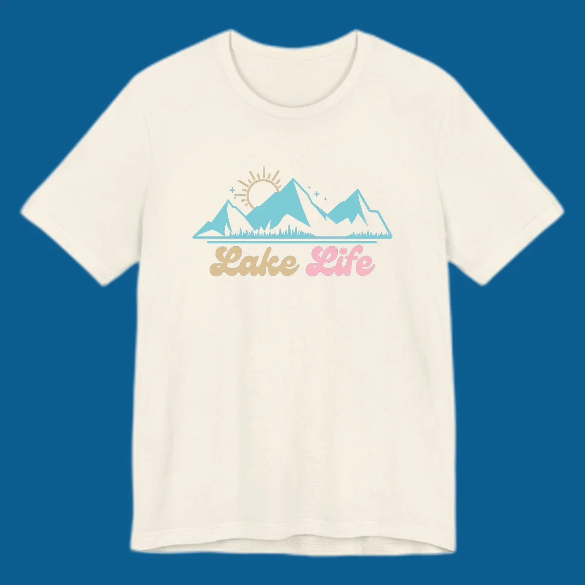 Lake Life mountains sunset illustration with text.