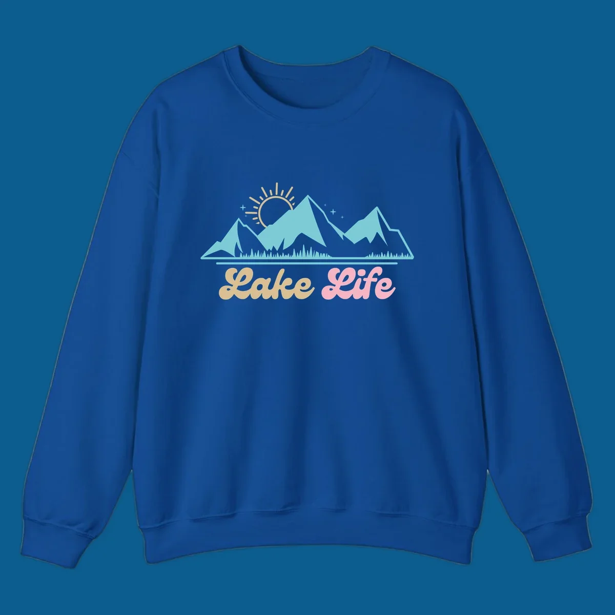 Lake Life mountains sunset illustration with text.